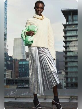 A.L.C. Tori Metallic Silver Pleated Midi Skirt Asym Sz 4